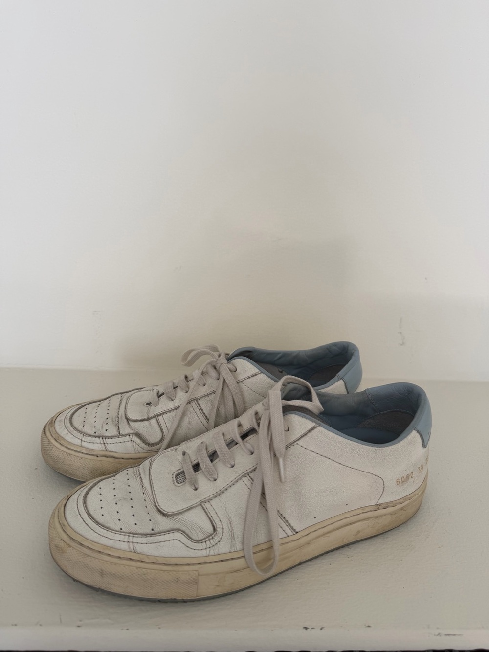 Common Projects White Leather Sneakers with Light Blue Collar